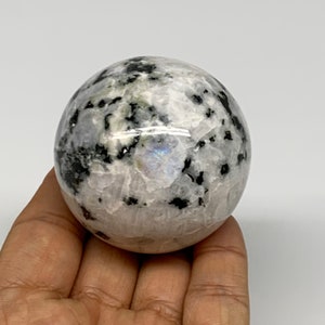 200.3Grams, 2&quot; or 52mm, White Rainbow Moonstone Sphere, With Black Tourmaline Collectible, Home Decor Gemstone, E01998