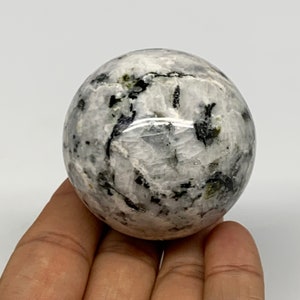 171 Grams, 2&quot; or 49mm, White Rainbow Moonstone Sphere, With Black Tourmaline Collectible, Home Decor Gemstone, E01993
