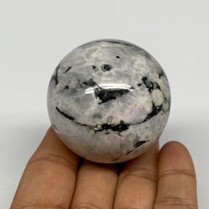 164 Grams, 1.9&quot; or 48mm, White Rainbow Moonstone Sphere, With Black Tourmaline Collectible, Home Decor Gemstone, E01990