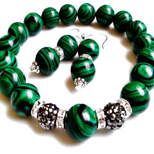 Mother's Day Sale,  Bracelet Set, Malachite, Stretch Bracelet and Matching Earrings, 10MM Round