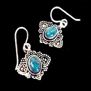 Mother's Day Sale, Earrings, Turquoise and Tibetan Silver Artisan Style Drop Earrings, 1.4 Inch