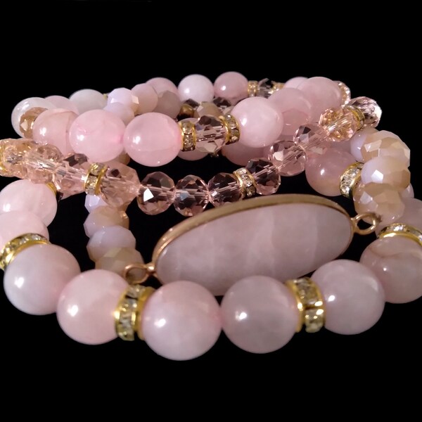 Stack Bracelet, Rose Quartz, 4-Piece Pretty in Pink Rose Quartz Bracelet, Charm Link Bracelet, Women's Size 7.5