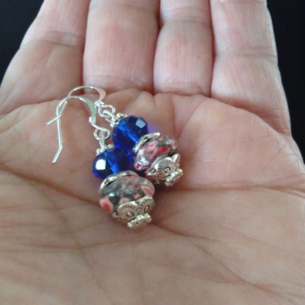 Earrings, Multicolor Earrings, Red Mosaic Turquoise and Cobalt Blue Crystal Drop Earrings or Leaf Dangle Earrings