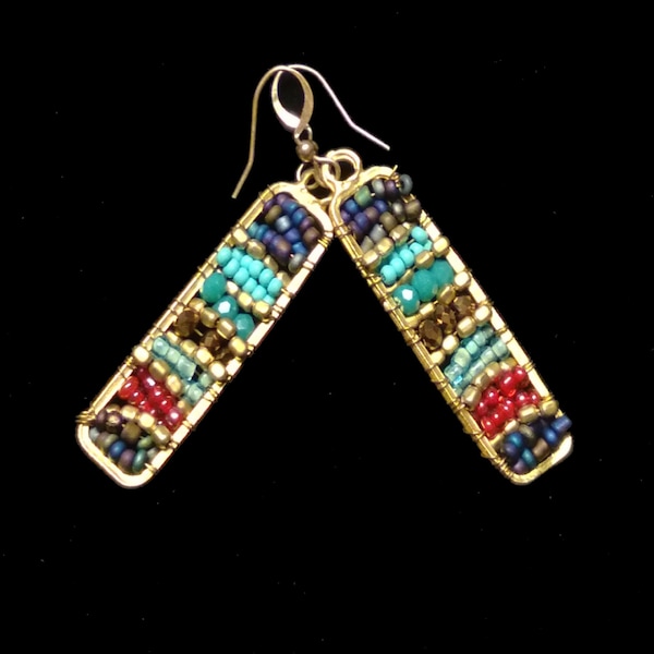 Mother's Day Sale, Earrings, Beaded Earrings, Beaded Rectangle Turquosie & Multicolor Glass and Crystal Seed Bead Drop Earrings