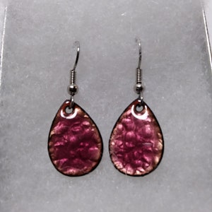 Pink on copper glass enameled earrings  on sterling silver ear hooks ,OOAK, 3/4&quot; teardrop shape