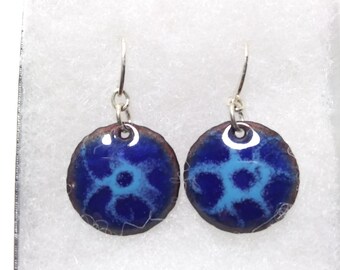 Blue Glass Enameled Scraffito Earings in Blue and White, One of a kind, on Sterling silver ear post, Unique gift for the art lover