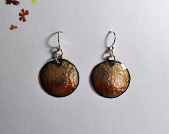 Gold glass enameled earrings on sterling silver ear hooks ,OOAK, 1" round