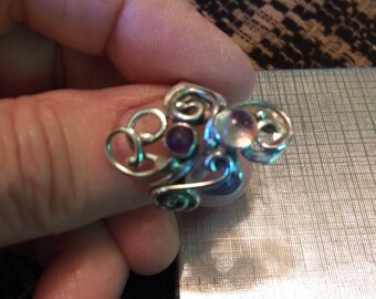 Anillo de Dicroica y Amatista en plata de ley Talla pequeña 5 1/2