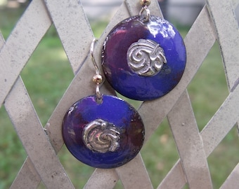 Glass Enameled Blue and Purple Earrings OOAK original art to wear