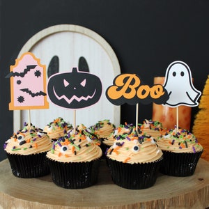 Pastel Halloween Cupcake Toppers, Set of 12, Pink Halloween, Halloween Birthday, Spooky, Spooky One, Two Spooky, Spooky Era, Handmade