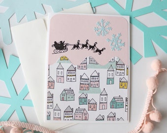 Tarjeta navideña caprichosa: Pueblo de Papá Noel, tarjeta navideña hecha a mano