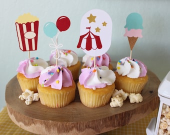 Carnival Party Cupcake Toppers, Set of 12, Circus, Carnival, Under the Big Top, Party Decor, Cupcake Toppers, Handmade