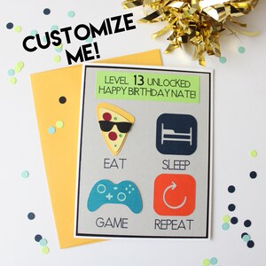 Manger, dormir, jouer, répéter - carte d'anniversaire personnalisable, niveau débloqué, joueur, carte amusante, faite main, blanc à l'intérieur