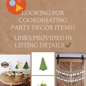 Puede incluir: Imagen que presenta art&iacute;culos de decoraci&oacute;n para fiestas con tem&aacute;tica de campamento. Incluye cupcakes con adornos, una decoraci&oacute;n en forma de &aacute;rbol verde, una decoraci&oacute;n en forma de monta&ntilde;a y una pancarta que dice "Adventure Awaits". Texto: "LOOKING FOR COORDINATING PARTY DECOR ITEMS? LINKS PROVIDED IN LISTING DETAILS".