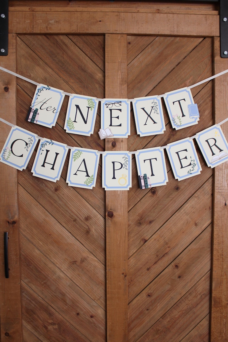 May include: A banner with the words "Her Next Chapter" in a decorative font, strung across a wooden door. Each card has a light blue border and is decorated with small illustrations of books, glasses, and a ring.