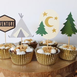 Adventure Awaits Cupcake Toppers: Camping Baby Shower Decor, Set of 12