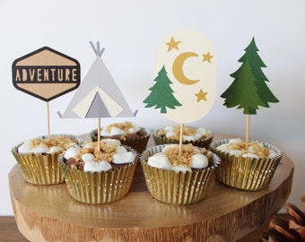 Adventure Awaits Party Cupcake Toppers, Set of 12, Adventure, Camping, Baby Shower, Party Decor, Cupcake Toppers, Handmade
