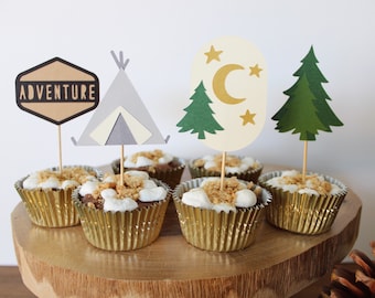 Adventure Awaits Party Cupcake Toppers, Set of 12, Adventure, Camping, Baby Shower, Party Decor, Cupcake Toppers, Handmade