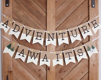 Adventure Awaits Banner, Outdoorsy, Camping Theme, Baby Shower, Gender Reveal, Party Decor, Party Banner, Handmade