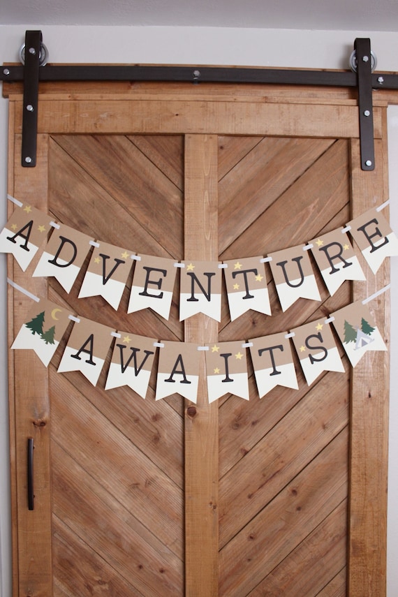 Adventure Awaits Banner: Outdoorsy Camping Baby Shower Decor