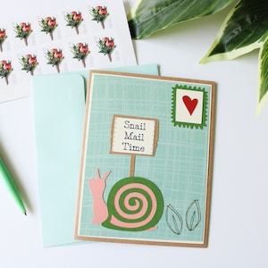 Carte postale, Snail Mail Time, Carte pour toutes les occasions, Escargot, Fait main, Vierge à l'intérieur