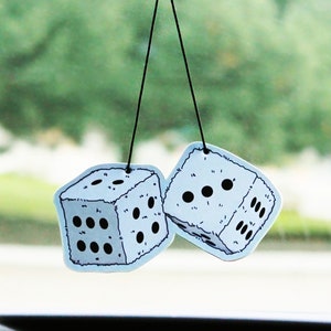 Fuzzy Dice Car Air Freshener, Rear View Mirror Hanging Car Decor for Women, Cute Aesthetic Car Accessory Charm, Y2K Gifts For Him or Her Blue