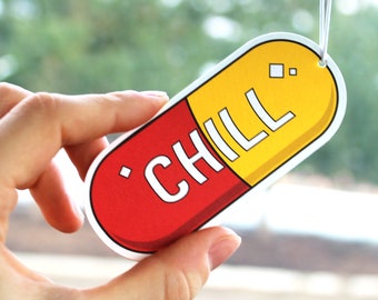 Chill Pill Car Air Freshener, Rear View Mirror Hanging Car Decor, Funny Gag Gift, Cute Kawaii Aesthetic Anime Car Accessory Charm