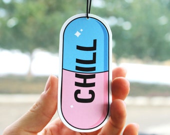 Chill Pill Car Air Freshener, Rear View Mirror Hanging Car Decor, Funny Gag Gift, Cute Kawaii Decor, Aesthetic Anime Car Accessory Charm