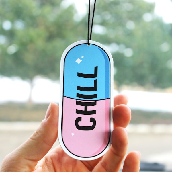 Chill Pill Car Air Freshener, Rear View Mirror Hanging Car Decor, Funny Gag Gift, Cute Kawaii Decor, Aesthetic Anime Car Accessory Charm