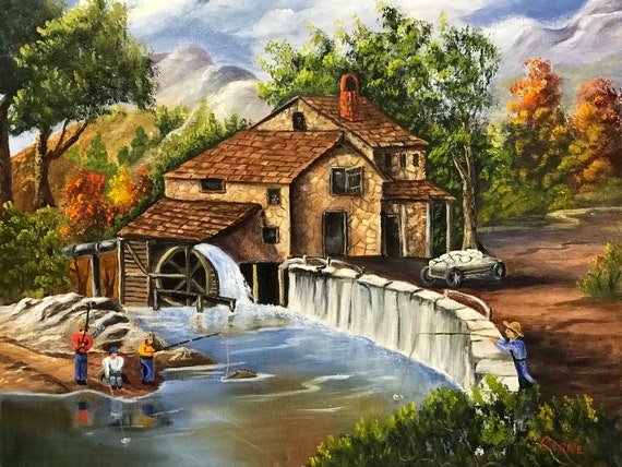 Water Mill Oil Painting, Old Water Mill Painting, Hand Painted Water Mill,  Original Oil Painting, Men Fishing, Home Decor, Wall Art, -  Canada