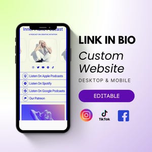 Pode incluir: A tela de um telefone móvel que mostra um site com um fundo roxo e o texto "LINK IN BIO Custom Website DESKTOP & MOBILE EDITABLE". O site apresenta um logotipo de podcast com o texto "Inner Muse Podcast A PODCAST ON CREATIVE INTUITION". Abaixo do logotipo, há links para ouvir o podcast no Apple Podcasts, Spotify e Google Podcasts. Também há um link para a página do Patreon do podcast. O site também apresenta uma foto de uma mulher com um fundo roxo. O telefone está em uma superfície branca. Abaixo do telefone, há ícones para Instagram, TikTok e Facebook.
