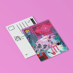 postal ilustrada, postal de Miami, tarjeta con motivos, postal de plantas, postal feminista de mujeres fuertes, postal de gatos, tarjeta de vino del viernes