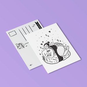 Postal de comida de mujeres que comen sushi, ilustración de wasabi de sushi, postal de niña japonesa, tarjeta de comida japonesa de sushi, postal de niña amante de la comida, tarjeta para amantes del sushi