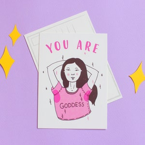 kaart jij bent een godin, hou van jezelf-kaart, cadeaukaart voor vrouwen, liefdeskaart, roze ansichtkaart, cadeau voor beste vriend, motivatiekaart, feministe