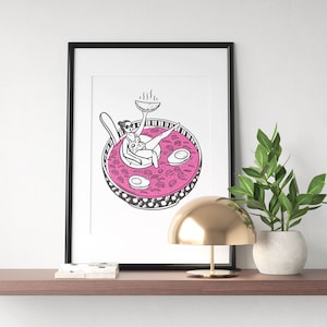 May include: A black and white illustration of a person relaxing in a pink bowl of soup. The person is wearing sunglasses and a swimsuit. The bowl is filled with various ingredients, including noodles, vegetables, and meat.