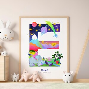 Letra E personalizada DIGITAL para habitación de niños, archivo de letras con nombre para niños, nombre de bebé, regalo para recién nacidos, iniciales, montañas, dinosaurios, letras dibujadas personalizadas