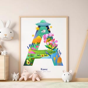 Ilustración personalizada DIGITAL de la letra A para habitación infantil, nombre de bebé, archivo de letras, regalo para recién nacido, iniciales, cocodrilo, plantas extraterrestres