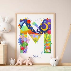 Ilustración personalizada DIGITAL de la letra M habitación infantil Nombre letra archivo niños nombre bebé regalo recién nacido iniciales animales coloridos plantas