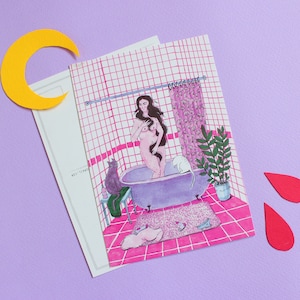 carte postale rose, carte de naissance de Vénus, carte de dame chat, mini impression d'art pour amoureux des chats, carte de dame chat drôle, décoration de salle de bain, carte de douche, carte de femme
