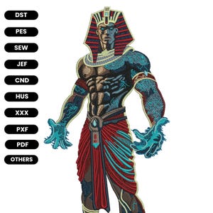 May include: An embroidered design of an Egyptian pharaoh in a standing pose. The pharaoh is depicted with a blue face and intricate details in teal, red, and gold. The design is likely for machine embroidery, with various file format options listed.