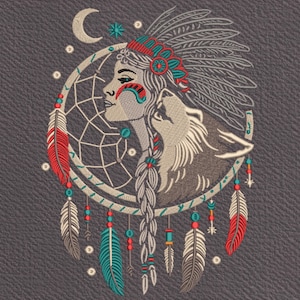 May include: Embroidered design featuring a Native American woman and a wolf within a dreamcatcher. The design includes feathers, beads, and a crescent moon, with colors of red, turquoise, and white on a gray background.