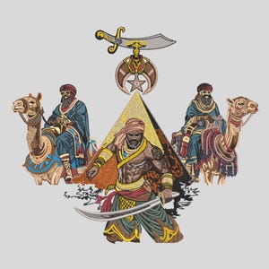 May include: Embroidered design featuring three figures on camels, a central figure with a sword, and a pyramid. The design includes a sword and a symbol with a star and crescent. The color palette includes shades of brown, blue, gold, and red.