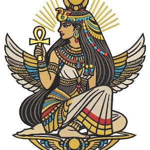 Winged Egyptian Goddess Embroidery Design | Isis Ankh Sun Disk PES DST Download
