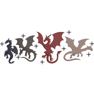 May include: Embroidered design of five dragons in navy, grey, red, and tan. Each dragon has detailed wings and is surrounded by small star-shaped accents. The design is set against a white background.