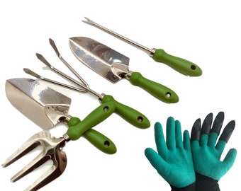 Stainless Steel Garden Tool Set, Gloves with Claws, 6 Piece
