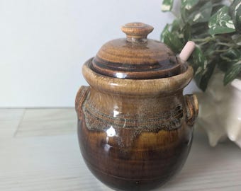 Pot de miel Studio Pottery, Pot de miel | Glaçage goutte à goutte brun | Signé par l'artiste