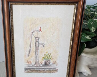 Croquis couleur vintage représentant un cardinal sur un bec | Artiste signé