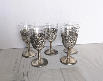 Verres à whisky vintage Leonard Glass : articles de bar gothiques en métal argenté, lot de 5