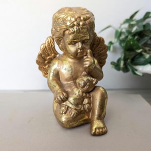 Vintage Gold Leaf Winged Cherub with Teddy Bear
