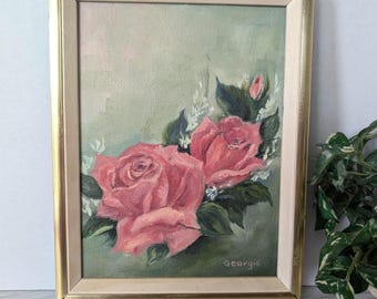 Peinture florale rose dans un cadre signée par l'artiste